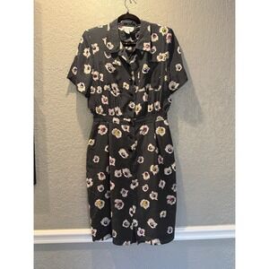 Cadaz Petite Black White Floral Polka Dot Button Front Midi Dress Women 14 Silk